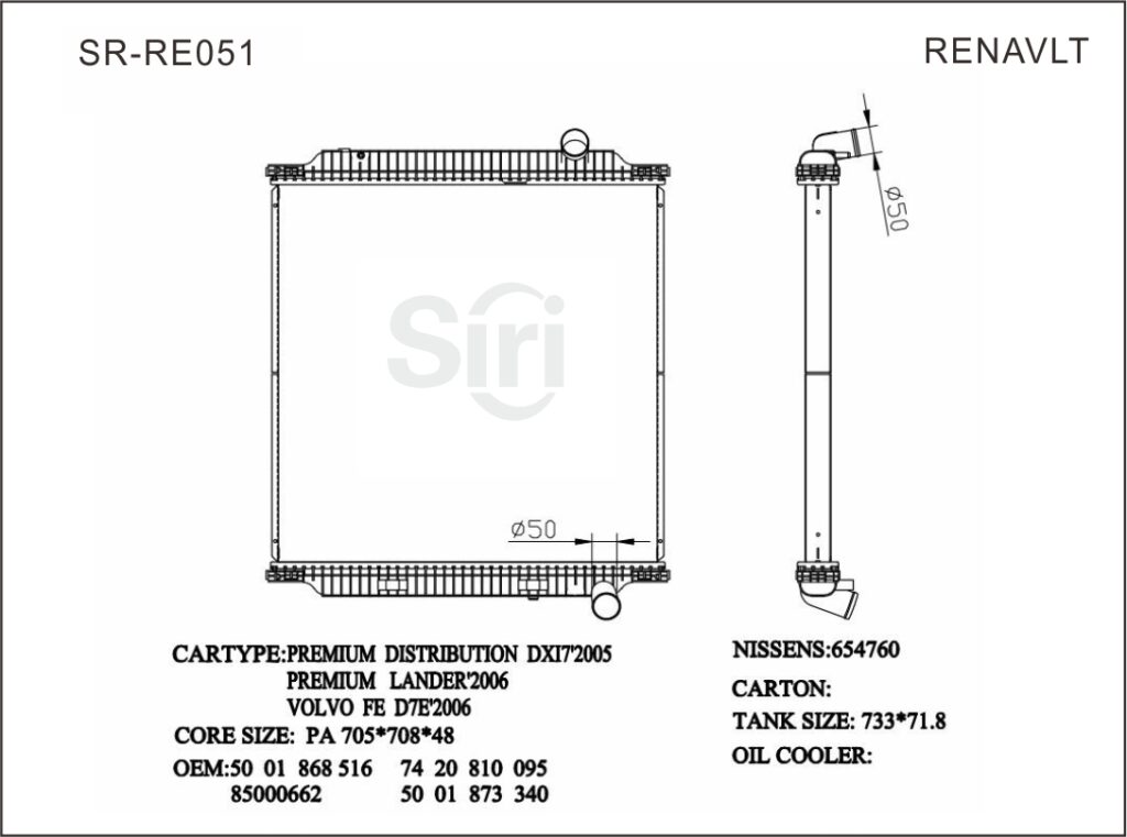 SR-RE051 Renault PREMIUM DISTRIBUTION DXI7 2005 PREMIUM LANDER 2006 VOLVO FED7E’ 2006 Auto Cooling Radiators