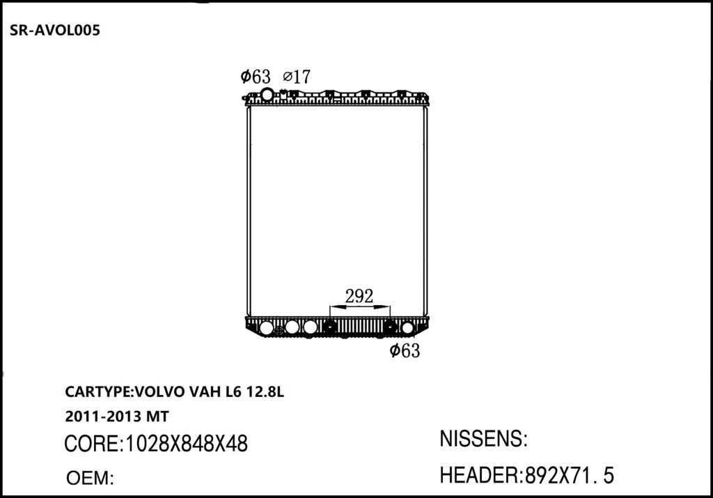 SR-AVOL005 Volvo Hot Sale VAH L6 12.8L 2011-2013 Engine Cooling Radiators