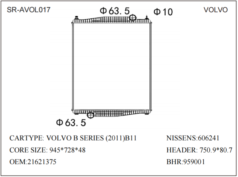 SR-AVOL017 Volvo B SERIES 2011 B11 Heavy Duty Truck Cooling Radiators
