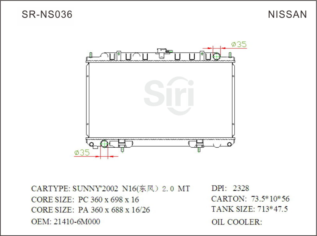 SR-NS036 Nissan Sunny 2002 N16 2.0 Auto Radiators