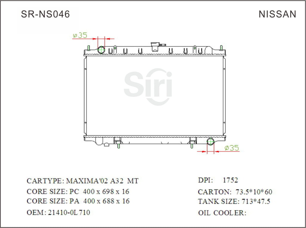 SR-NS046 Nissan MAXIMA 02 A32 Auto Radiators