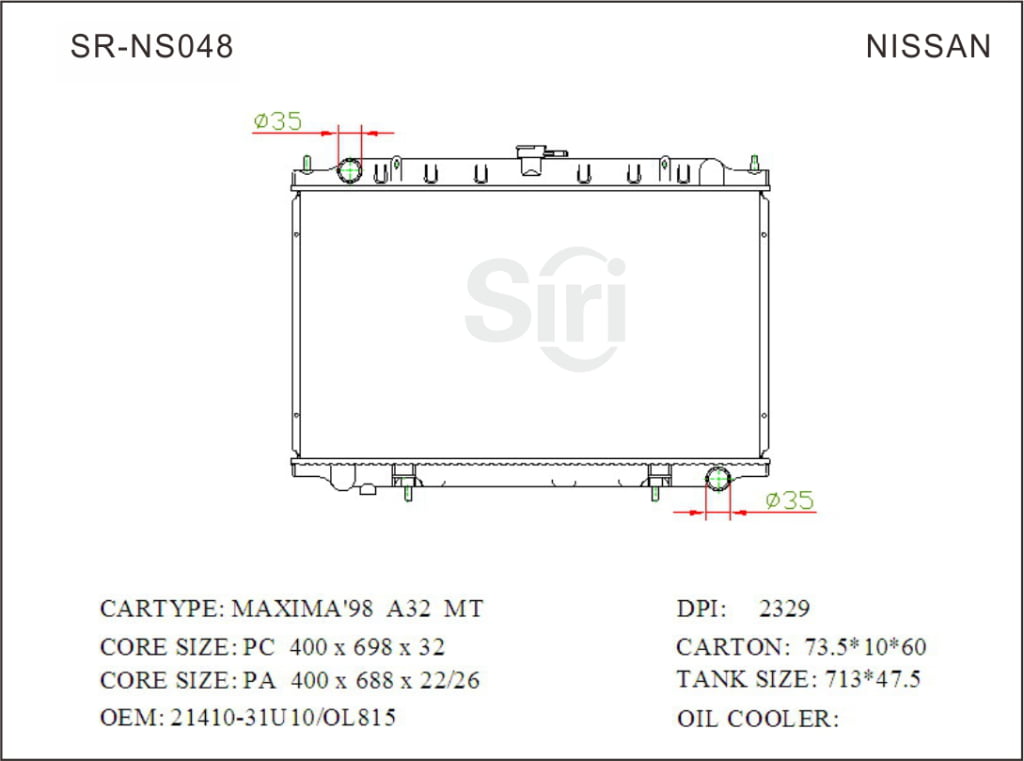 SR-NS048 Nissan MAXIMA 98 A32 Auto Brazing Radiators