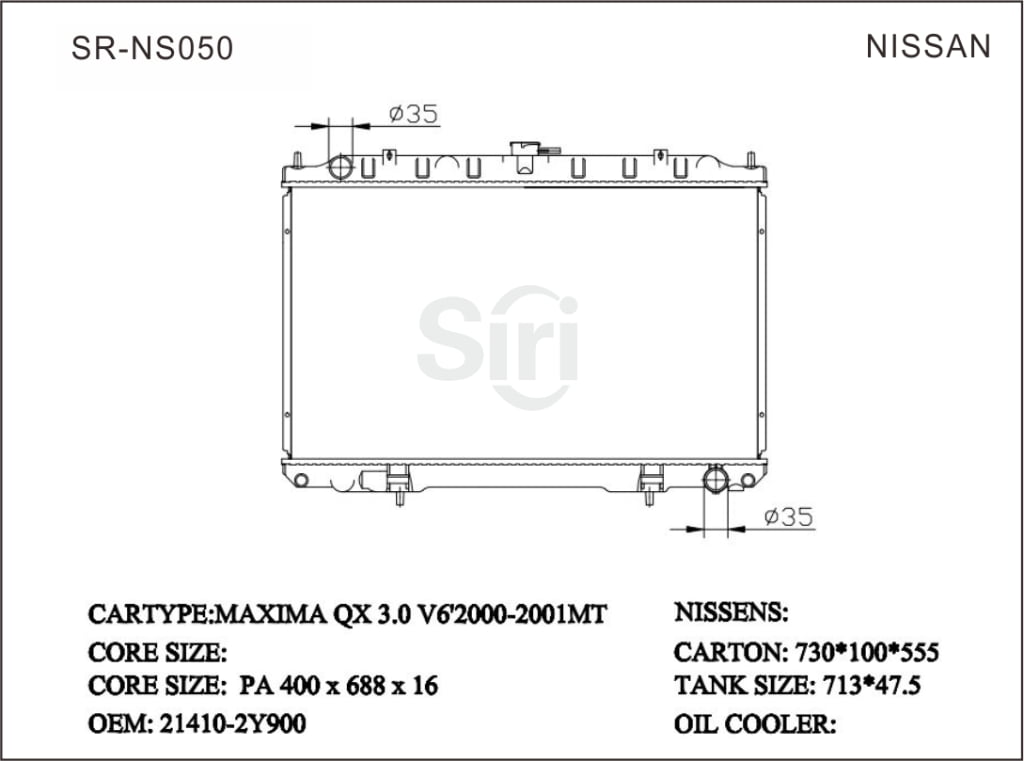 SR-NS050 Nissan MAXIMA QX 3.0 V6 2000-2001 Auto Brazing Radiators