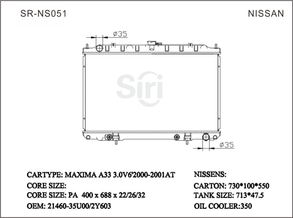 SR-NS051 Nissan MAXIMA A33 3.0 V6’2000-2001 Brazing Radiators