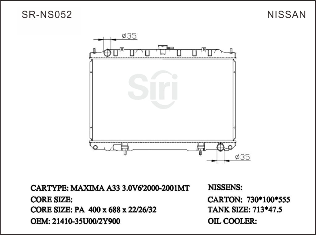 SR-NS052 Nissan MAXIMA A33 3.0 V6’2000-2001 Auto Cooling Radiators