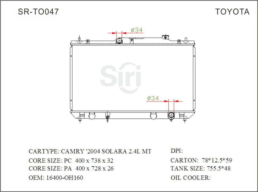 SR-TO047 Toyota Camry 2004 Solara 2.4L Cooling Radiators