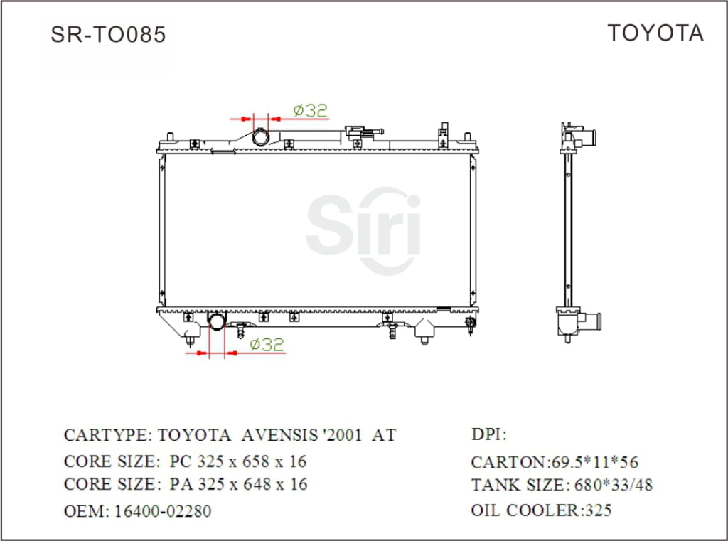 SR-TO085 Toyota Avensis 2001 Radiators Manufacturer