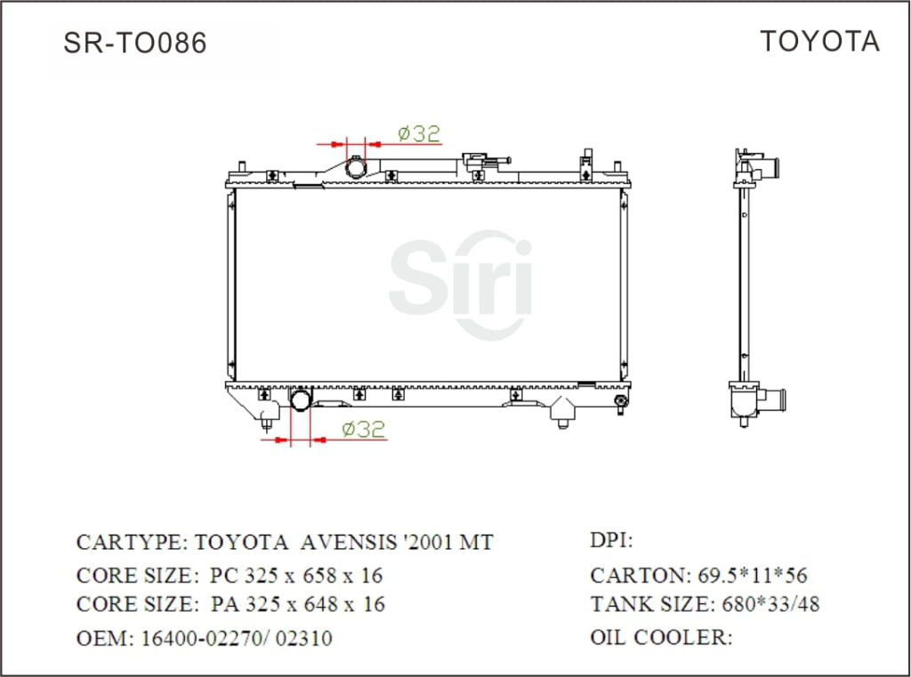 SR-TO086 Toyota Avensis 2001 Engine Radiators Factory