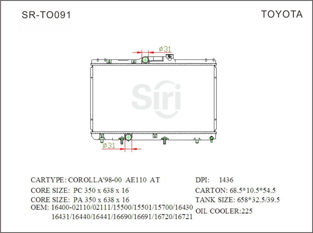 SR-TO091 Toyota Coralla 98-00 AE110 Auto Brazing Radiators