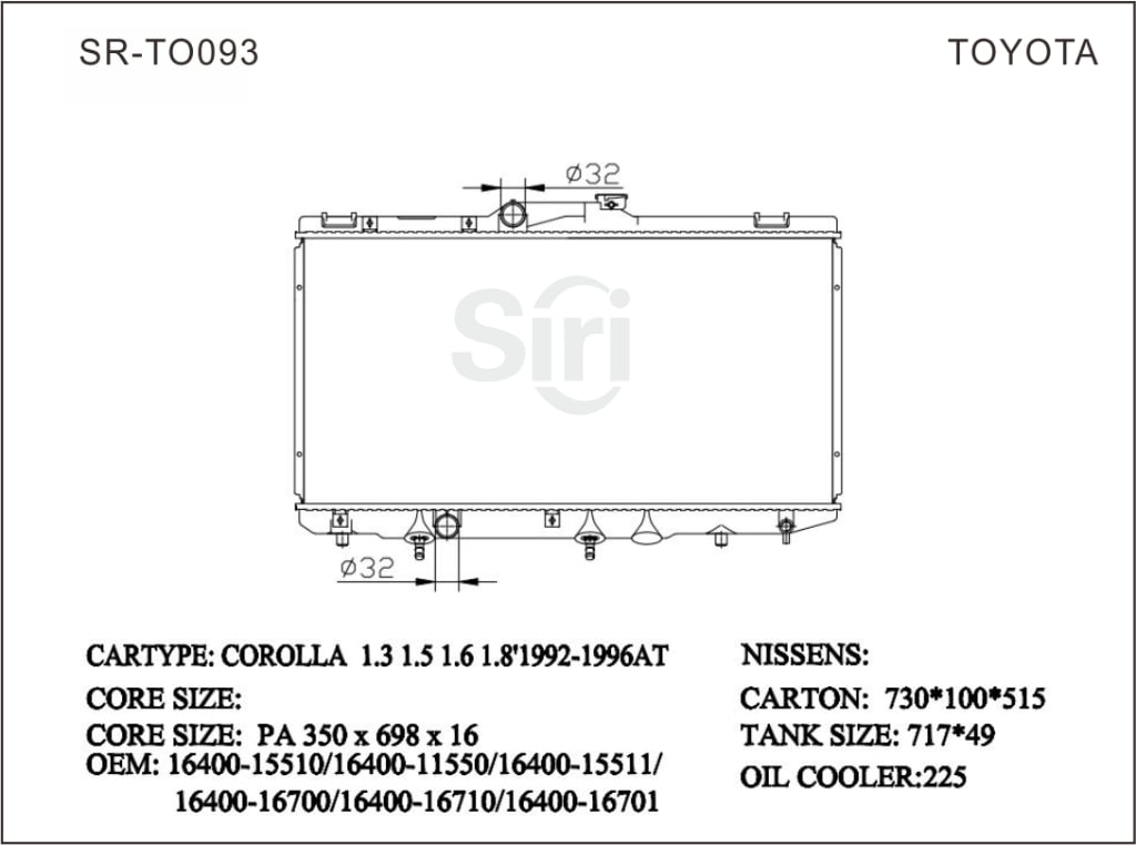 SR-TO093 Toyota Corolla 1.3 1.5 1.6 1.8 1992-1996 Auto Engine Radiators