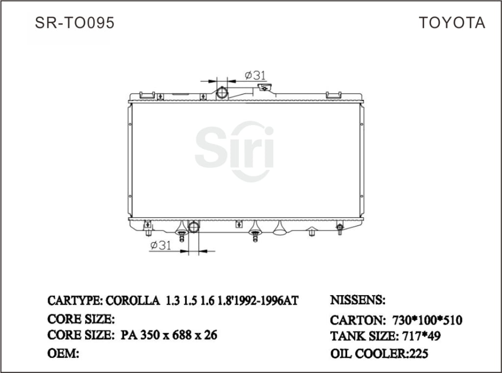 SR-TO095 Toyota Coralla 1.3 1.5 1.6 1.8 1992-1996 Engine Cooling Radiators