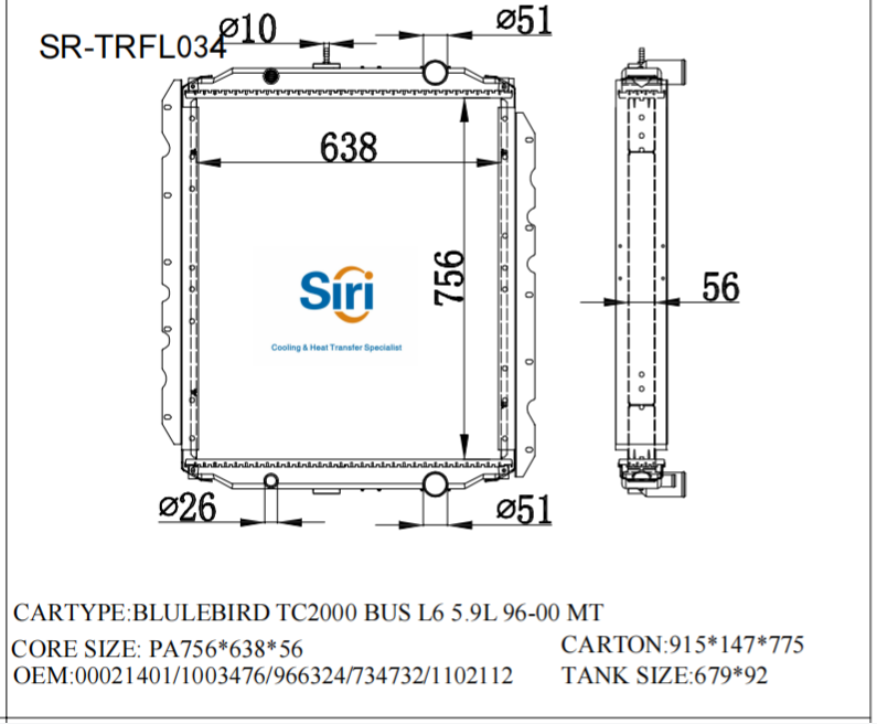 SR-TRFL034 Freightliner BLULEBIRD TC2000 BUS L6 5.9L 96-00 Auto Radiator