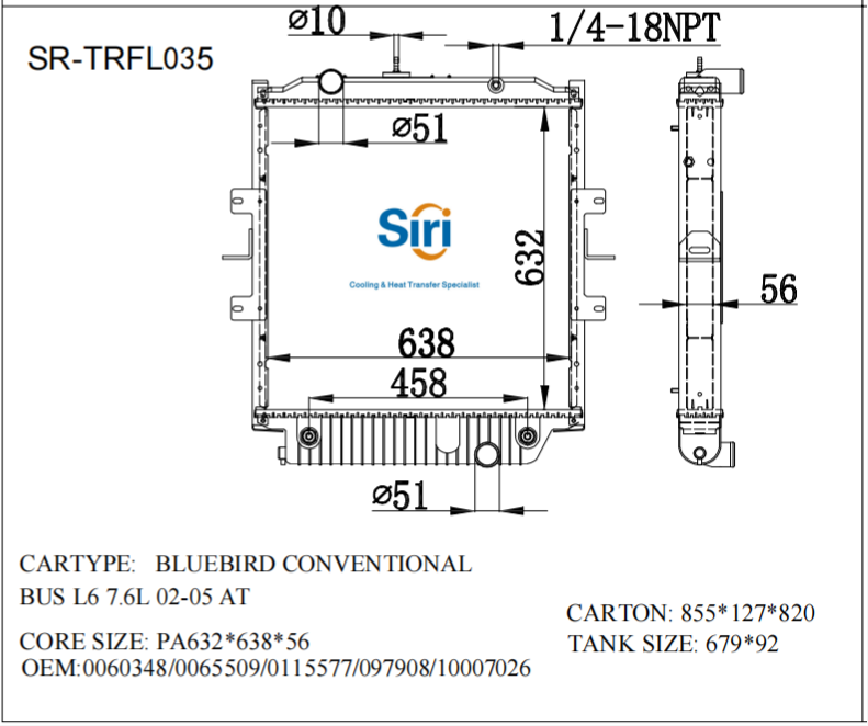 SR-TRFL035 Freightliner BLUEBIRD CONVENTIONAL BUS L6 7.6L 02-05 Auto Radiator