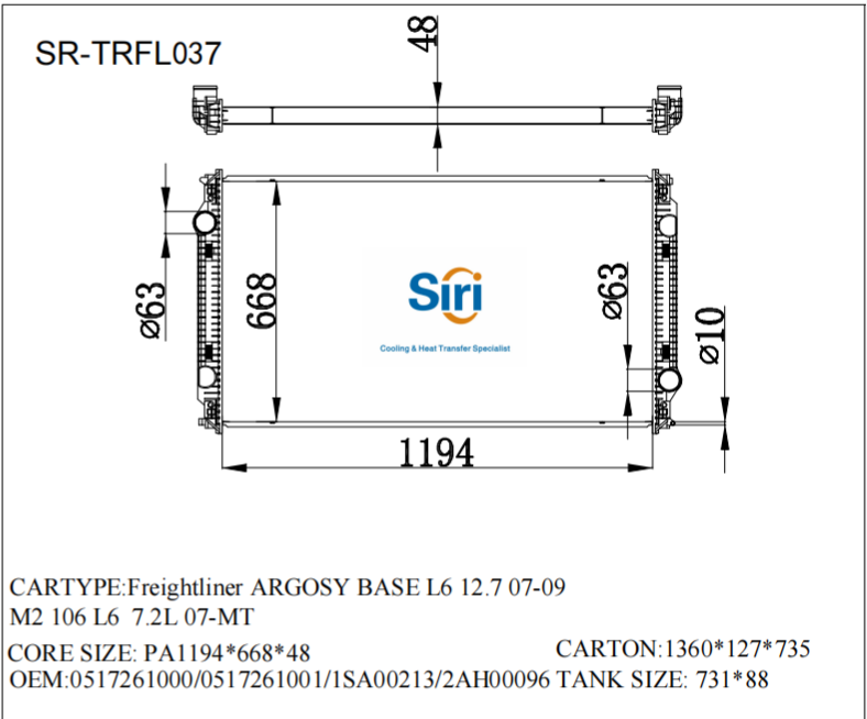SR-TRFL037 Freightliner ARGOSY BASE L6 12.7 07-09 M2 106 L6 7.2L 07- Auto Radiator