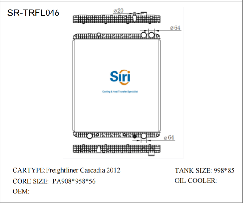 SR-TRFL046 Freightliner Cascadia 2012 Engine Cooling Auto Radiator