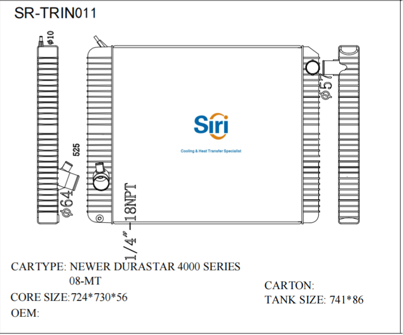 SR-TRIN011 International NAVISTAR NEWER DURASTAR 4000 SERIES 08-MT Cooling Radiators