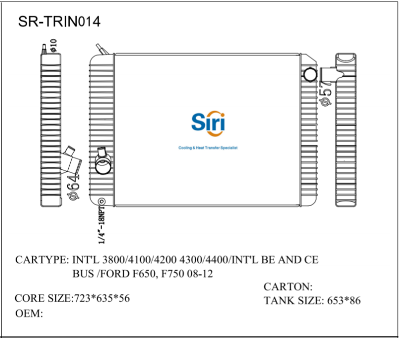 SR-TRIN014 International 3800 4100 4200 4300 4400 BE AND CE BUS FORD F650 F750 08-12 Cooling Radiators