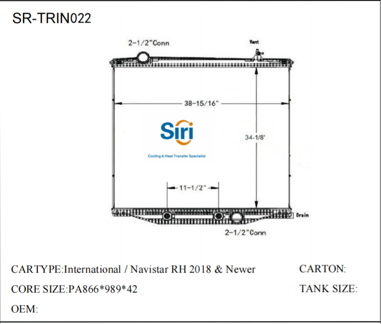SR-TRIN022 International NAVISTAR RH 2018 Newer Auto Cooling Radiators