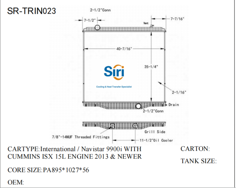 SR-TRIN023 International Navistar 9900i WITH CUMMINS ISX 15L ENGINE 2013 Radiators
