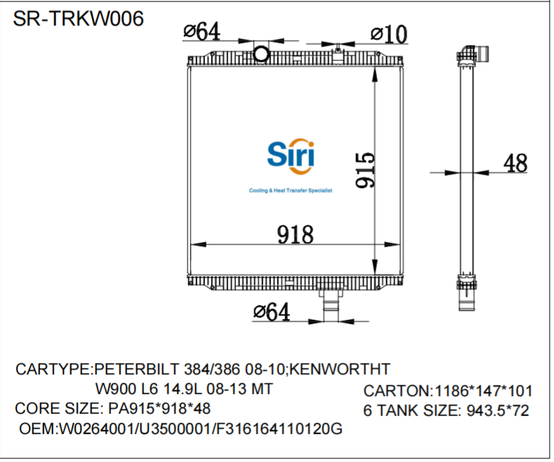 SR-TRKW006 Kenworth W900 L6 14.9L 384 386 Radiator Manufacturer
