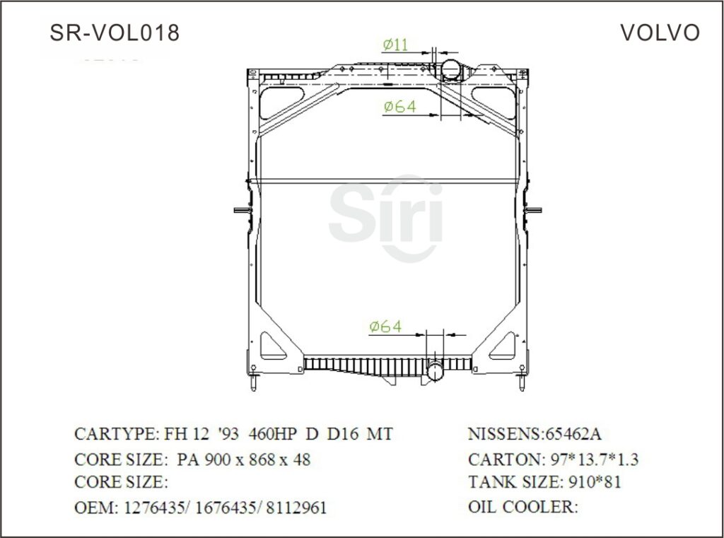 SR-VOL018 Volvo FH12 93 460HP D D16 Engine Cooling Radiators
