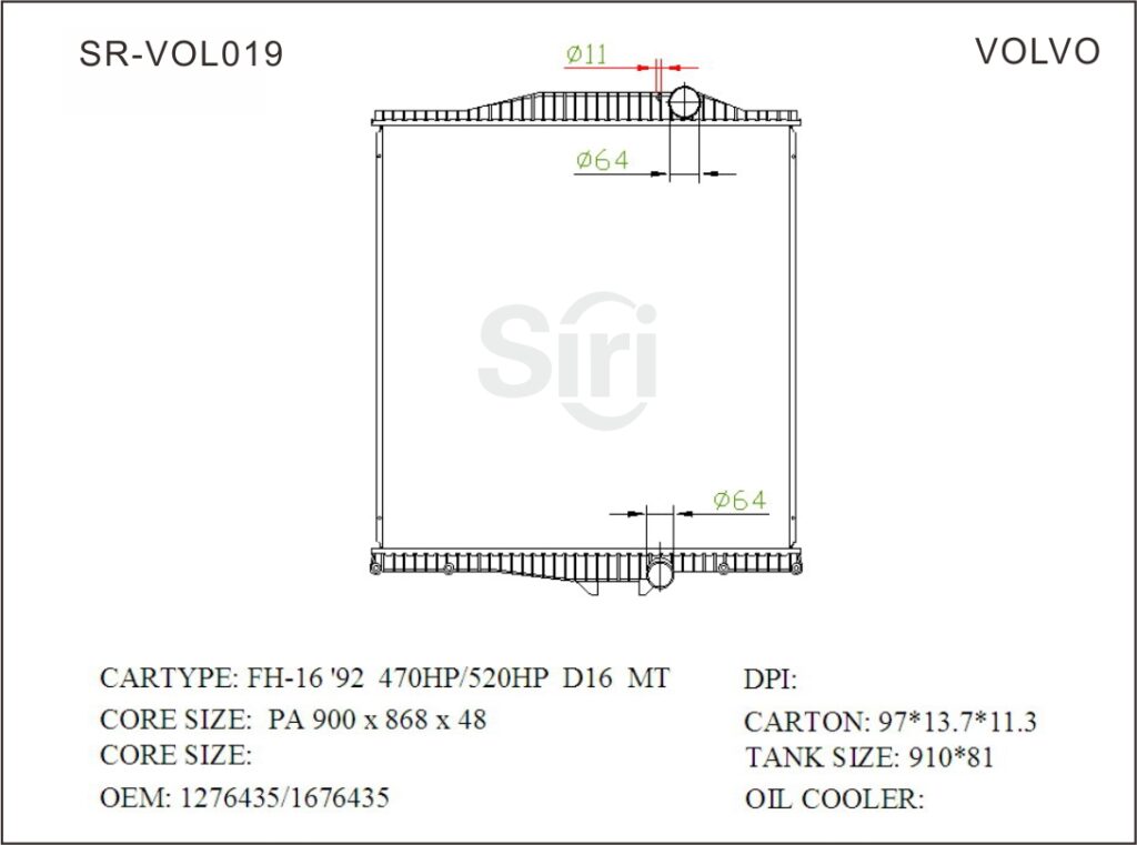 SR-VOL019 Volvo FH-16 92 470HP 520HP D16 Auto Cooling Radiators